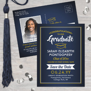 Congrats Grad Navy Blue & Gold Save the Date Photo Announcement Postcard