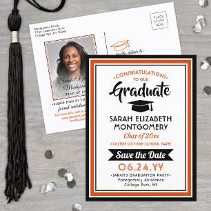 Congrats Grad Orange and Black Save the Date Photo Announcement Postcard