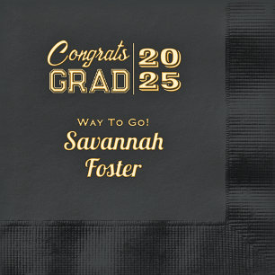 Congrats Grad Personalised Black Gold Graduation Foil Napkins