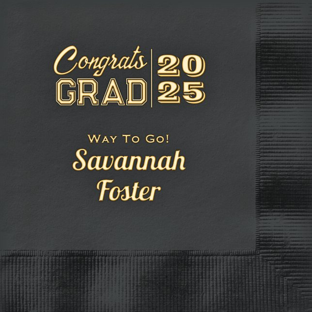 Congrats Grad Personalised Black Gold Graduation Foil Napkins (Congrats Grad Personalized Name and Year Gold Foil Party Napkins)