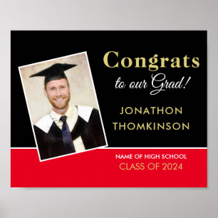 Congrats Grad Photo Black Red Gold 2024 Graduation Poster