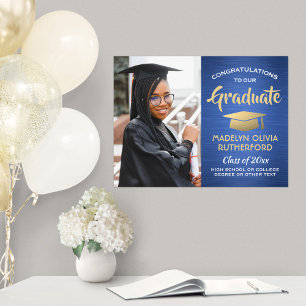 Congrats Grad Photo Brushed Blue & Gold Graduation Poster