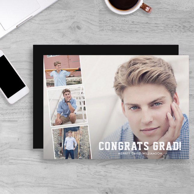Congrats Grad, Photo Collage Blue Graduation Party Announcement (Creator Uploaded)
