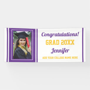 Congrats Grad Purple Gold White Photo Graduation Banner
