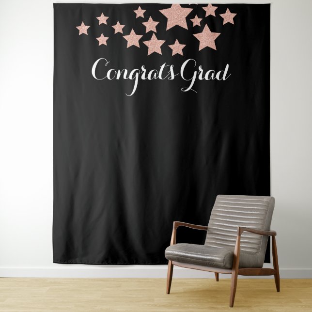 Congrats Grad Rose Gold Glitter Stars Black  Tapes Tapestry (In Situ)