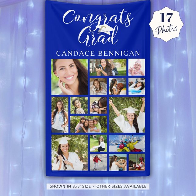 Congrats Grad Royal Blue 17 Photo Collage Script Banner (Creator Uploaded)