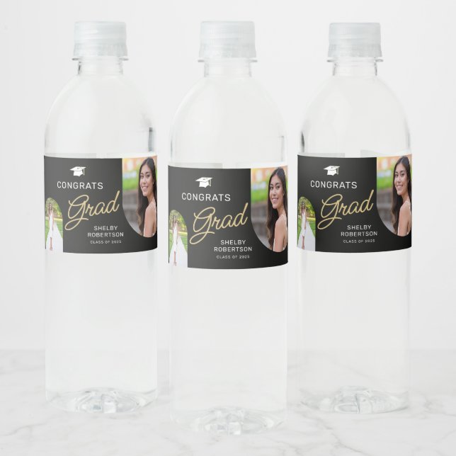Congrats Grad Script Modern Arch 2 Photo  Water Bottle Label (Bottles)