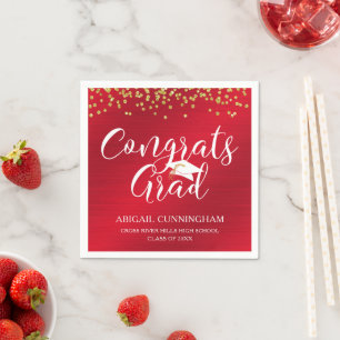 CONGRATS GRAD Script Typography Metallic Red Gold Napkin