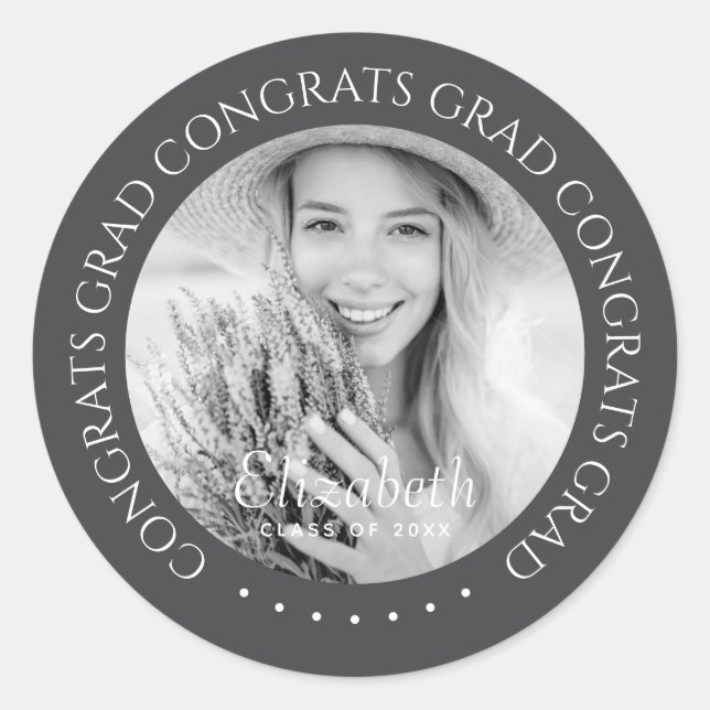Congrats Grad Simple Modern Custom Photo Classic Round Sticker (Front)