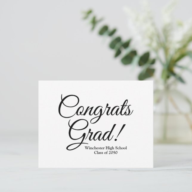 Congrats grad white black custom school class year postcard (Standing Front)