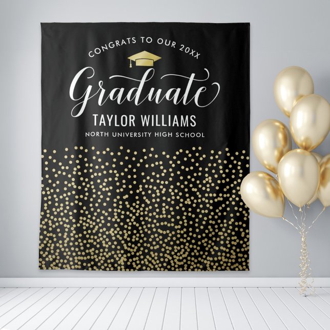 Congrats Graduate Black Gold Confetti Backdrop Tapestry (Creator Uploaded)