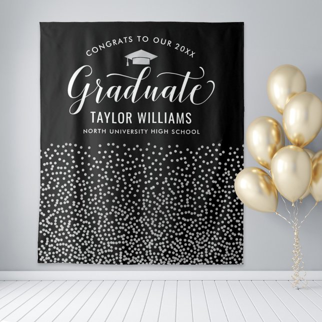 Congrats Graduate Black Silver Confetti Backdrop Tapestry (Creator Uploaded)