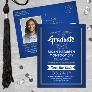 Congrats Graduate Blue & Gold Save the Date Photo Announcement Postcard