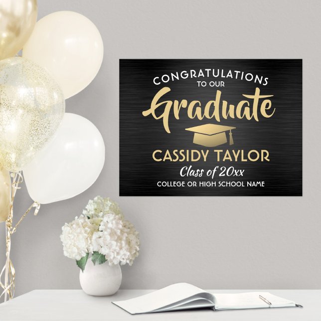 Congrats Graduate Brushed Black & Gold Graduation Poster (Creator Uploaded)