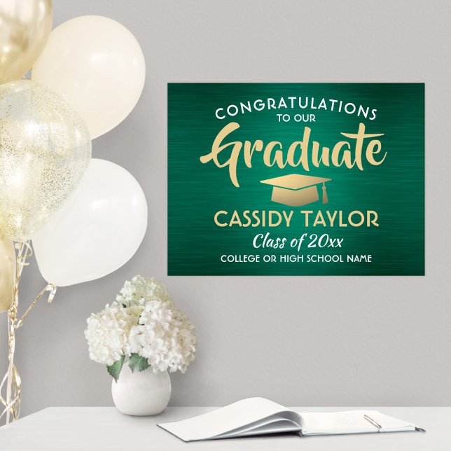 Congrats Graduate Brushed Green & Gold Graduation Poster (Creator Uploaded)