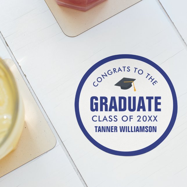 Congrats Graduate Cap Class 20XX Bold Blue Custom Round Paper Coaster (Creator Uploaded)