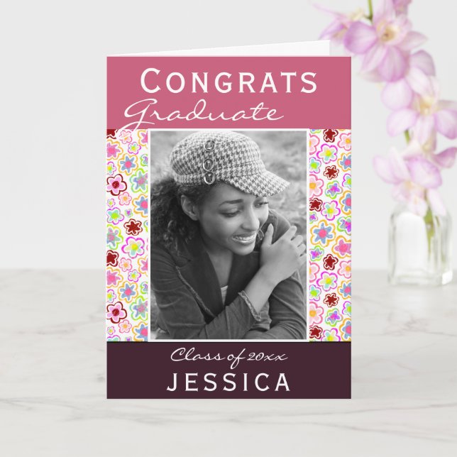 Congrats Graduate Flower Pattern Photo Graduation Card (Orchid)