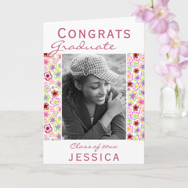 Congrats Graduate Flower Pattern Photo Graduation Card (Orchid)