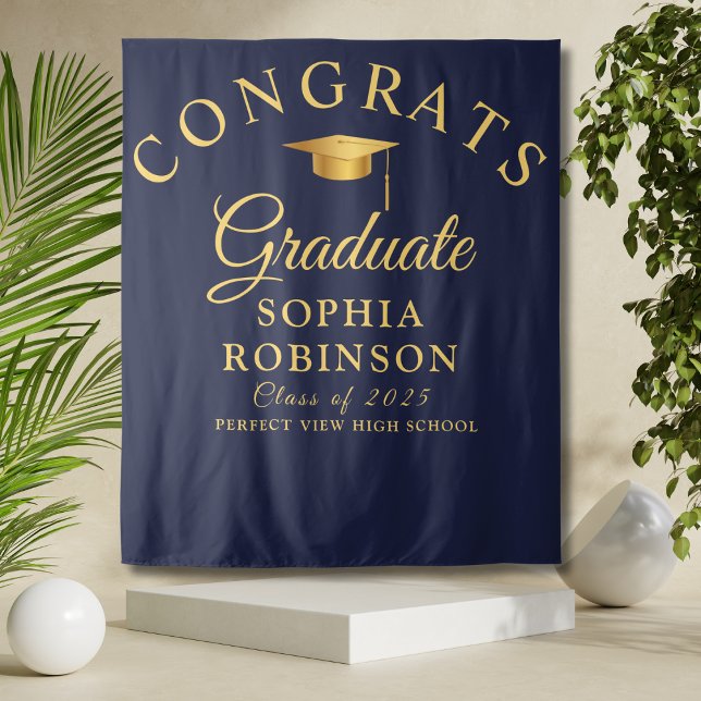 Congrats Graduate Gold Navy Blue Graduation Party  Tapestry (Creator Uploaded)