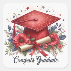 Congrats Graduate Graduation Cap and Diploma Square Sticker