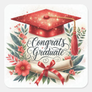 Congrats Graduate Graduation Cap and Diploma Square Sticker