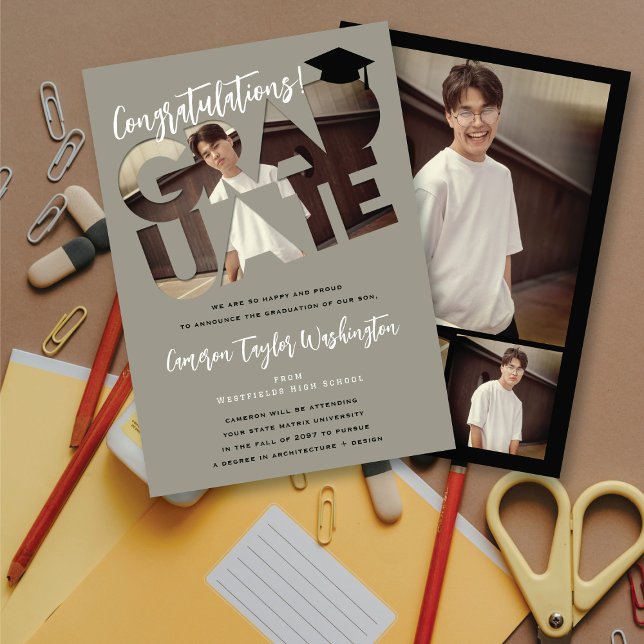 Congrats Graduate Grey Cutout Photo Graduation Invitation (Congratulations! Graduate Grey Cutout Modern Photo Graduation Announcement Card @ fatfatin)