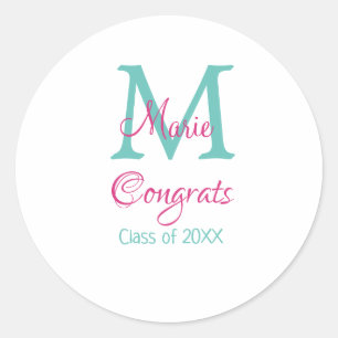 Congrats graduate name monogram green pink blue t classic round sticker