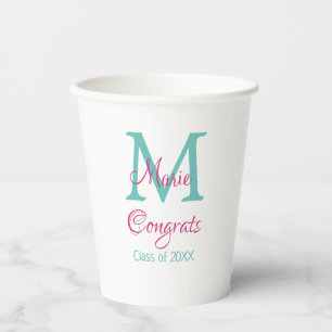 Congrats graduate name monogram green pink blue t paper cups