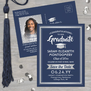 Congrats Graduate Navy Blue Save the Date Photo Announcement Postcard