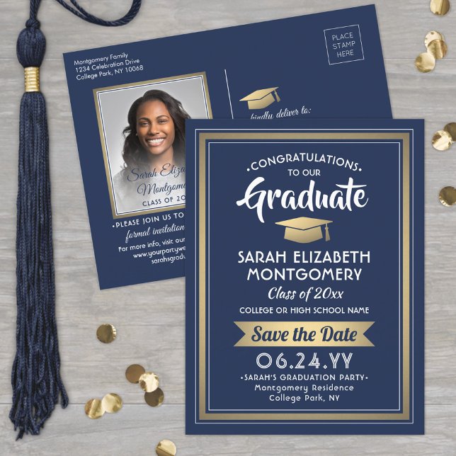 Congrats Graduate Navy & Gold Save the Date Photo Announcement Postcard (Creator Uploaded)