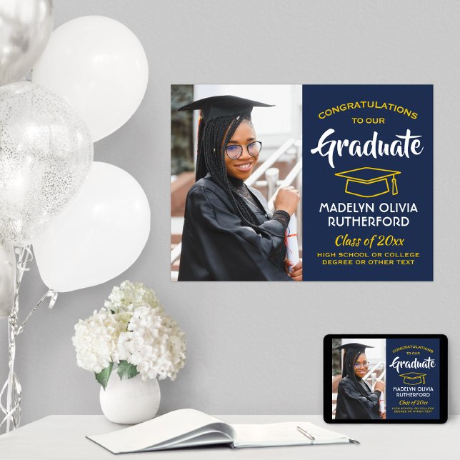 Congrats Graduate Photo Navy Blue Gold Graduation Poster (Creator Uploaded)