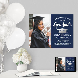 Congrats Graduate Photo Navy Blue White Graduation Poster