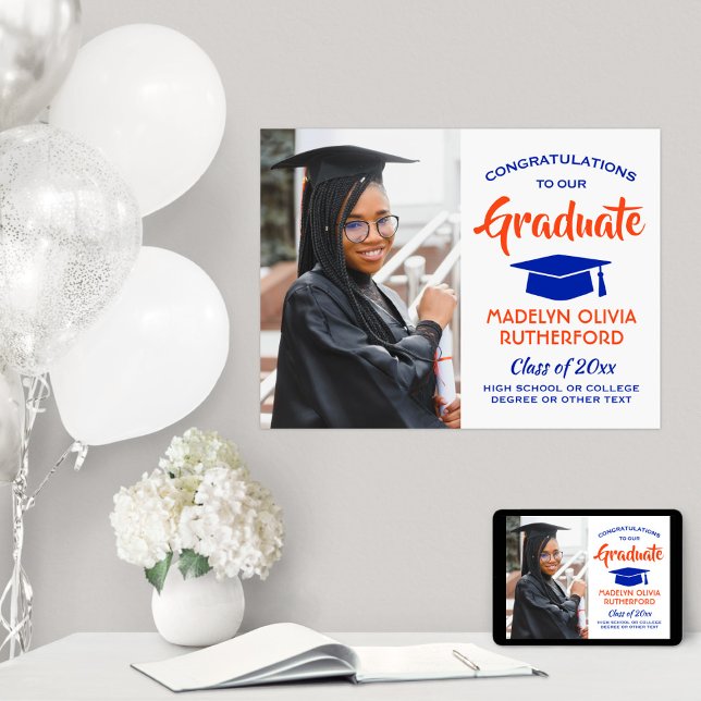 Congrats Graduate Photo Orange and Blue Graduation Poster (Creator Uploaded)