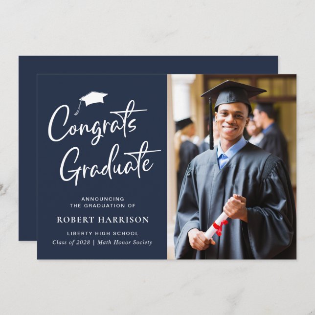 Congrats Graduate Photo Script Blue Graduation Announcement (Front/Back)
