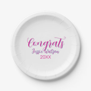 Congrats graduate pink purple name year 20XX date  Paper Plate