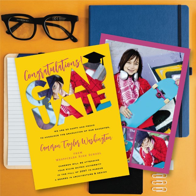 Congrats Graduate Yellow Cutout Photo Graduation Invitation (Congratulations! Graduate Yellow Cutout Modern Photo Graduation Announcement Card @ fatfatin)