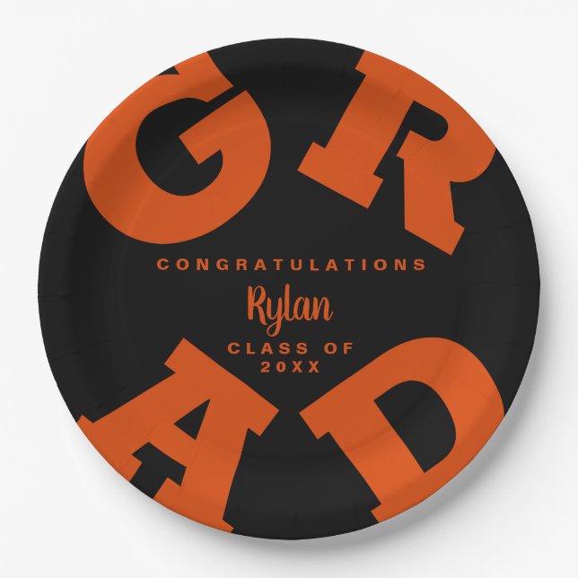 Congrats Orange on Black Graduation Paper Plate (Front)