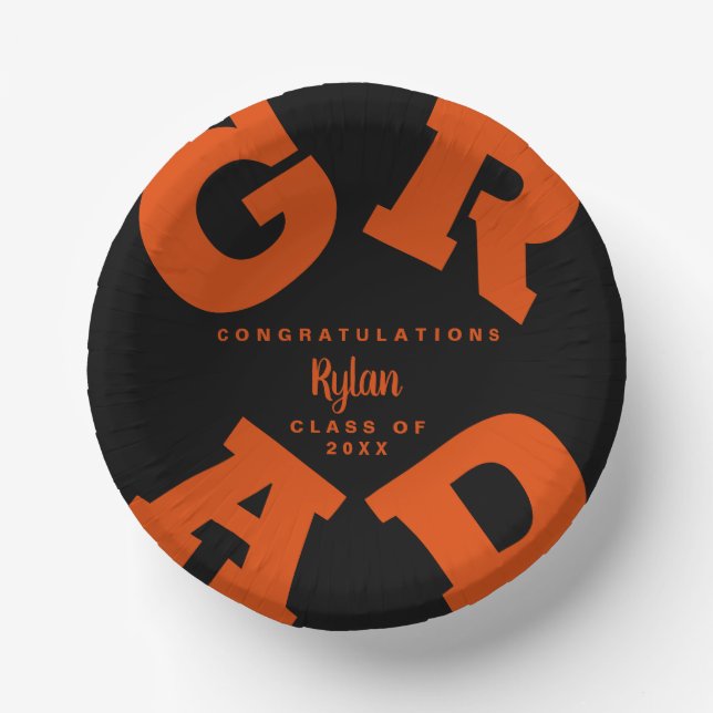 Congrats Orange on Black Graduation Paper Plate (Front)