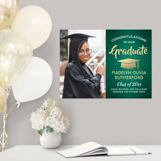 Congrats Photo Brushed Green and Gold Graduation Poster (Creator Uploaded)