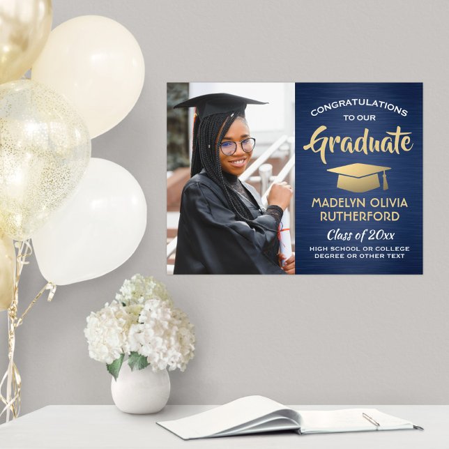 Congrats Photo Brushed Navy Blue & Gold Graduation Poster (Creator Uploaded)