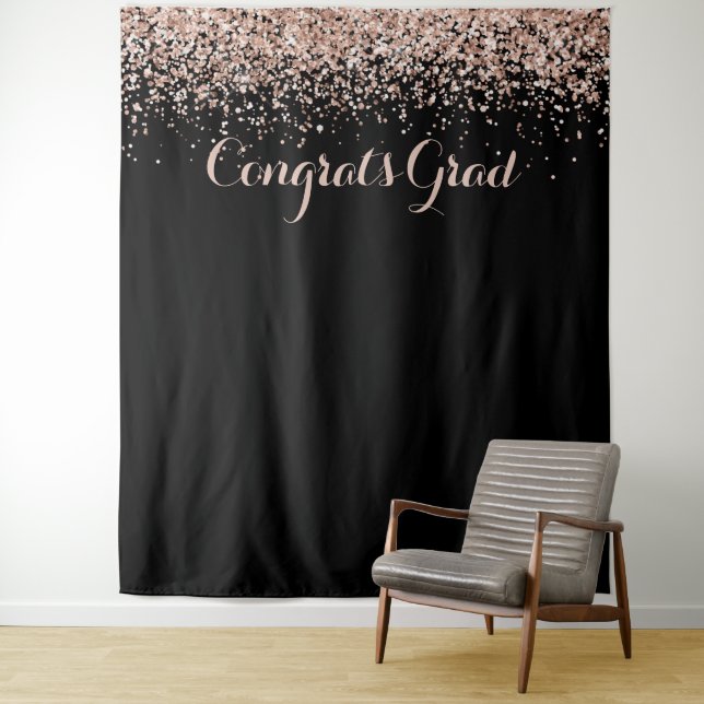 Congrats Pink Black Glitter Sparkle Graduatation Tapestry (In Situ)