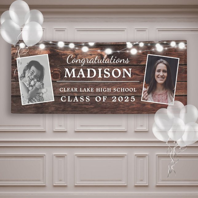Congrats Rustic Wood String Lights Grad 2 - Photo Banner (A graduation banner on wood background. It reads Name, school and custom messsage with 2 photos)