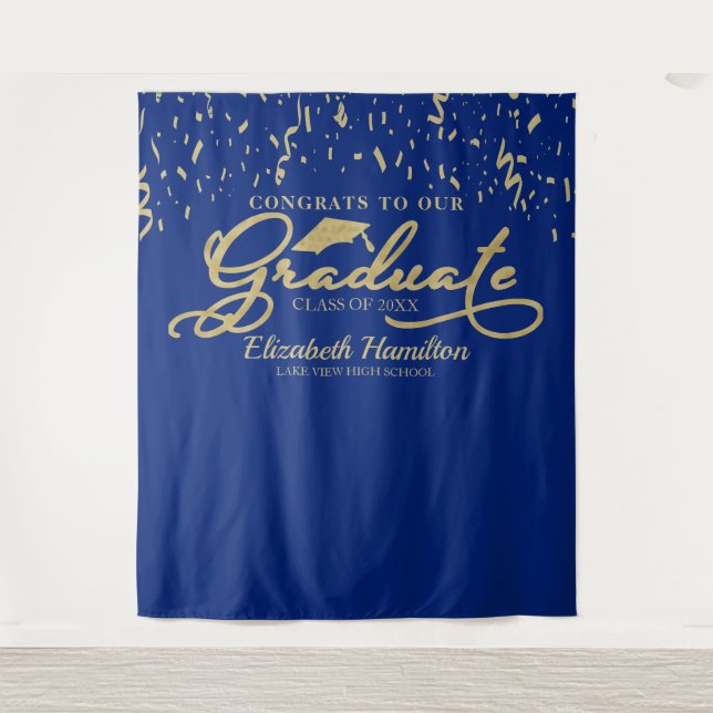 Congrats To The Graduate Gold And Blue Backdrop Tapestry (Front)