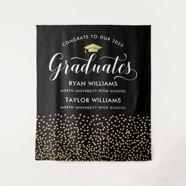 Congrats Two Graduates Black Gold Confetti Party Tapestry (Front)