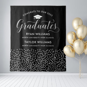 Congrats Two Graduates Black Silver Confetti Party Tapestry