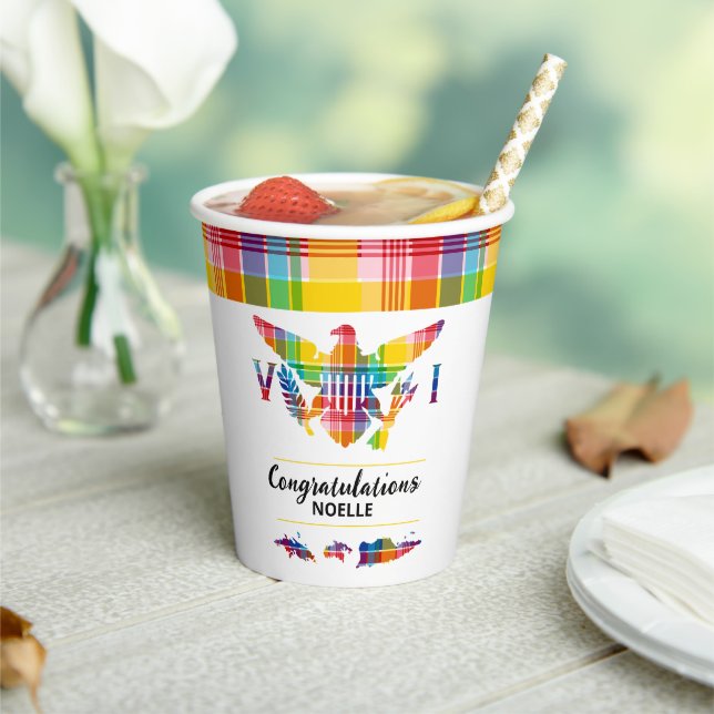 Congrats U.S. Virgin Islands Madras Flag & Islands Paper Cups (Insitu)