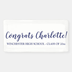 Congrats white navy custom script name graduation banner