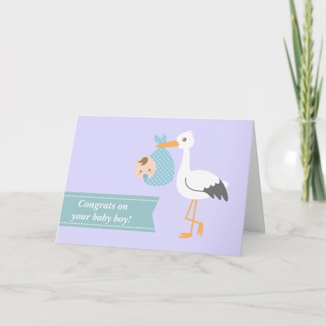 Congratulate new parents - stork with baby boy card (Front)