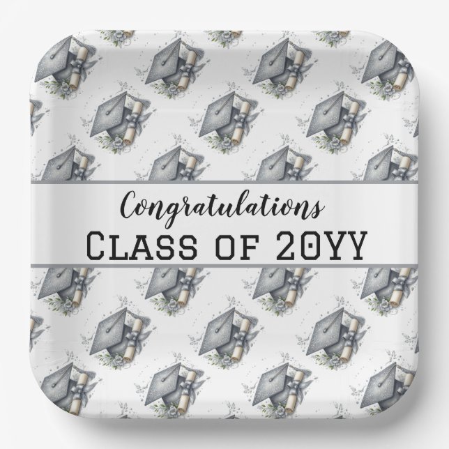 Congratulation Class of Graduation Cap and Diploma Paper Plate (Front)