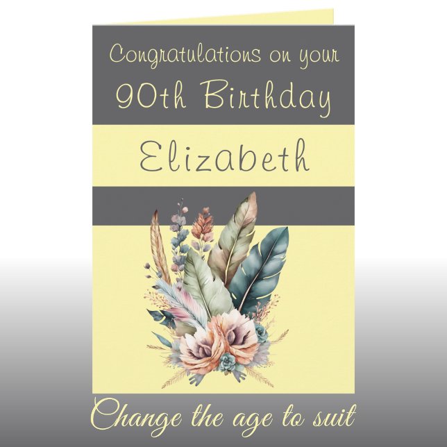 Congratulations 90th birthday floral grey yellow card (Creator Uploaded)